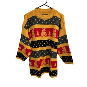 Vintage Holiday Sweater Yellow Red Crewneck Pullover Stripes Cozy Christmas